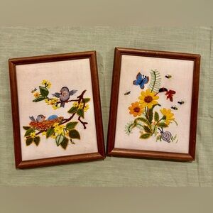 Vintage Look Pictures. Hand Embroidered, Framed 
Birds & Bees scenes 9”x11”